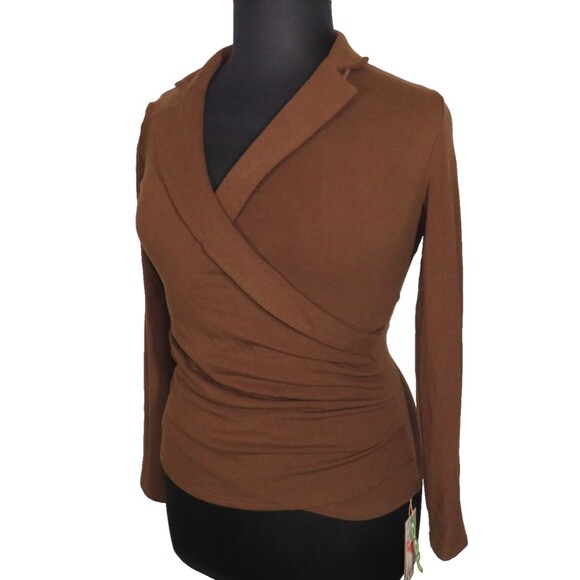 OGL EcoMousse ProWarm Brown Surplice Wrap Look Long Sleeve Collared Top Sz Large - Picture 1 of 9